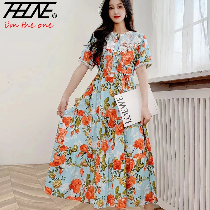 Summer Dress Women 2024 Vestidos Casual Plus Size Long Maxi Korean Style Beach Floral Cotton Lace O Neck Bohemian Indian Clothes