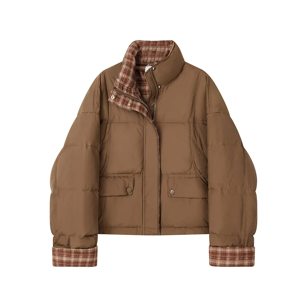 Women Short Down Jacket Lightweight Puffer Coat Oversized Winter White Duck Down Plaid Patchwork Outerwear