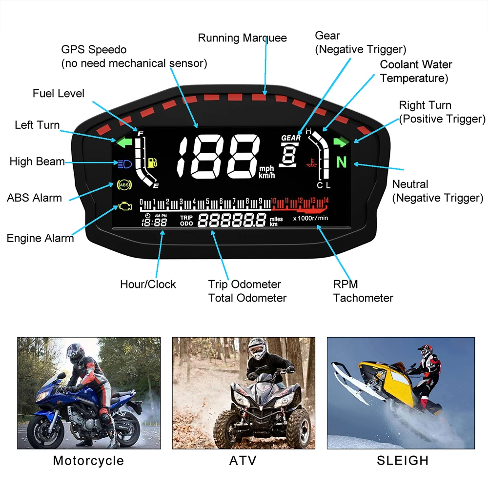 

Digital Motorcycle GPS Speedometer LED Dashboard RPM with GPS antenna Digital Dash Panel For 2/4 Cylinder Kawasaki For Suzuki