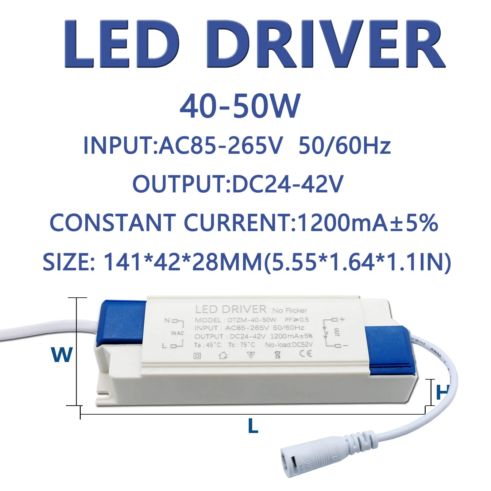 LED 40-50W Panel Lamp Power Supply Lighting Transformer DC24-42V Output AC85-265V 1200mA 1500mA LED External Driver DC Connector