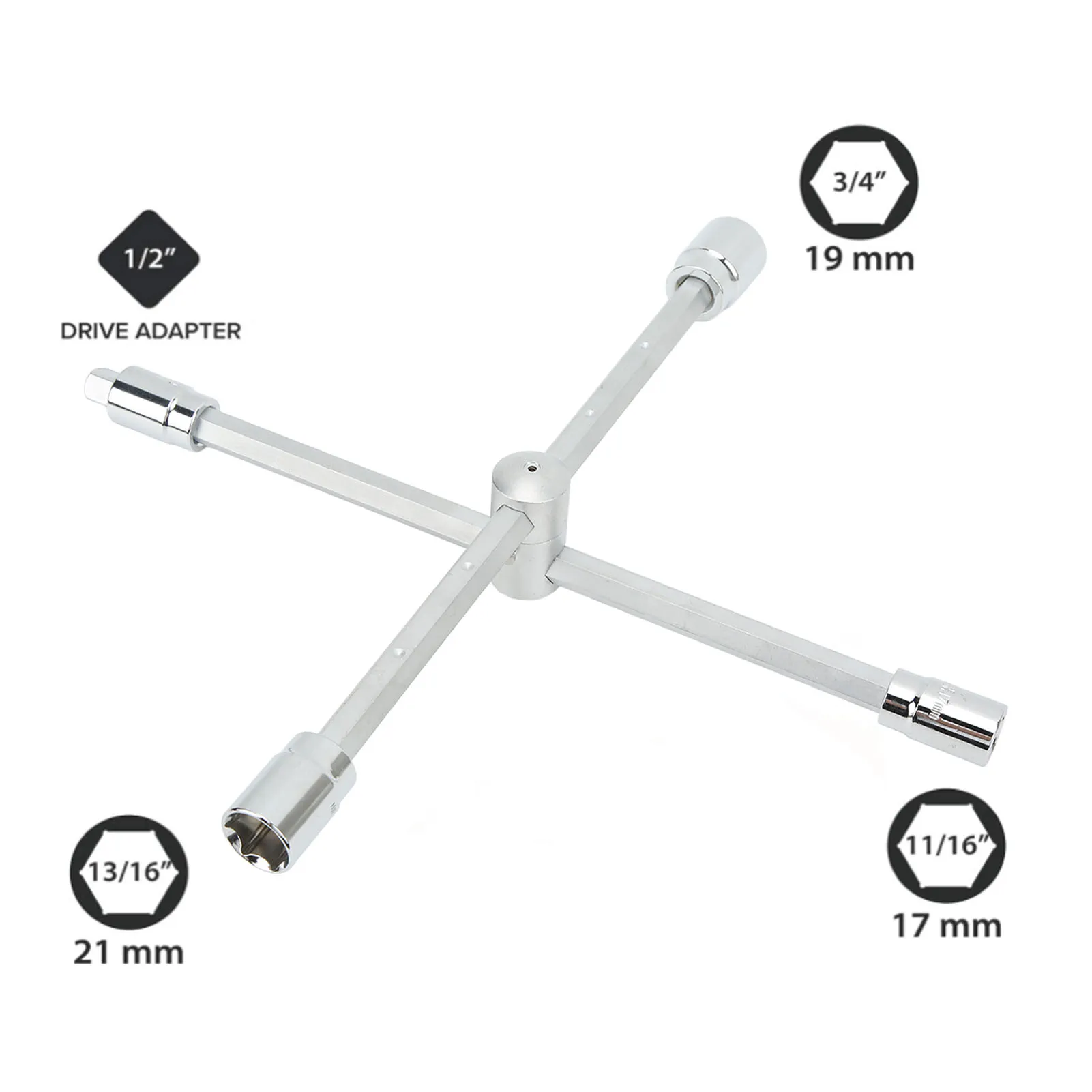 1/2in Cross Wrench 4 Way 17mm 19mm 21mm 23mm CRV Heavy Duty Strength Universal Lug Wrench for Car