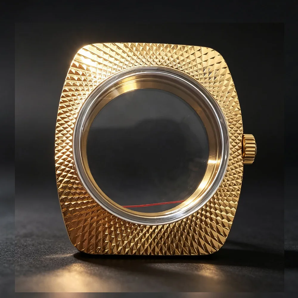 36.5mm Gold Watch Case With Band for NH35 NH36 NH38 Steel Double Domed Acrylic Transparent Back 5ATM Watch Case