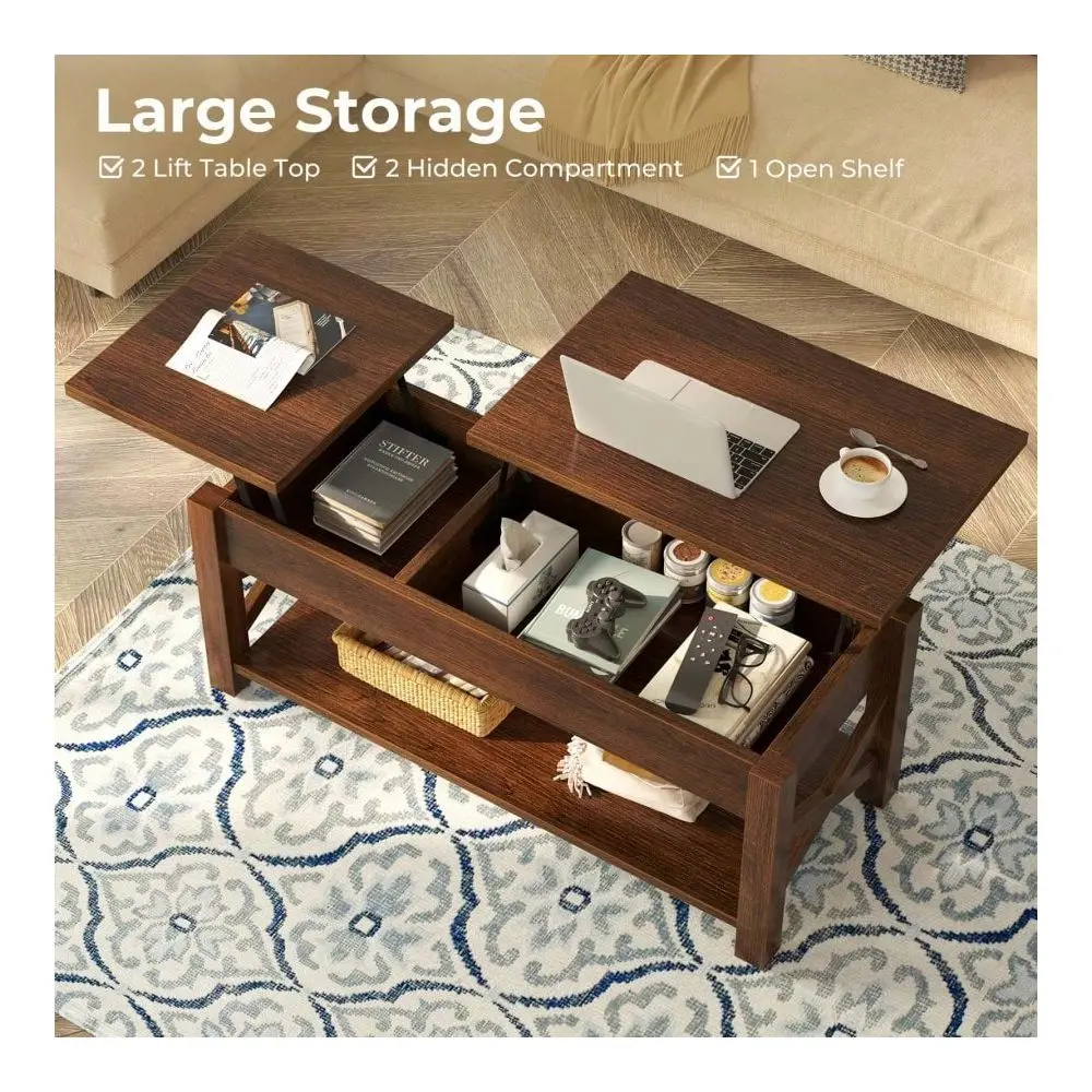 

Coffee Table 47.2 , 2 Way Lift Top Farmhouse Center Table With Hidden Compartment, Open Shelf X Wooden Support, Lift Tabletop D