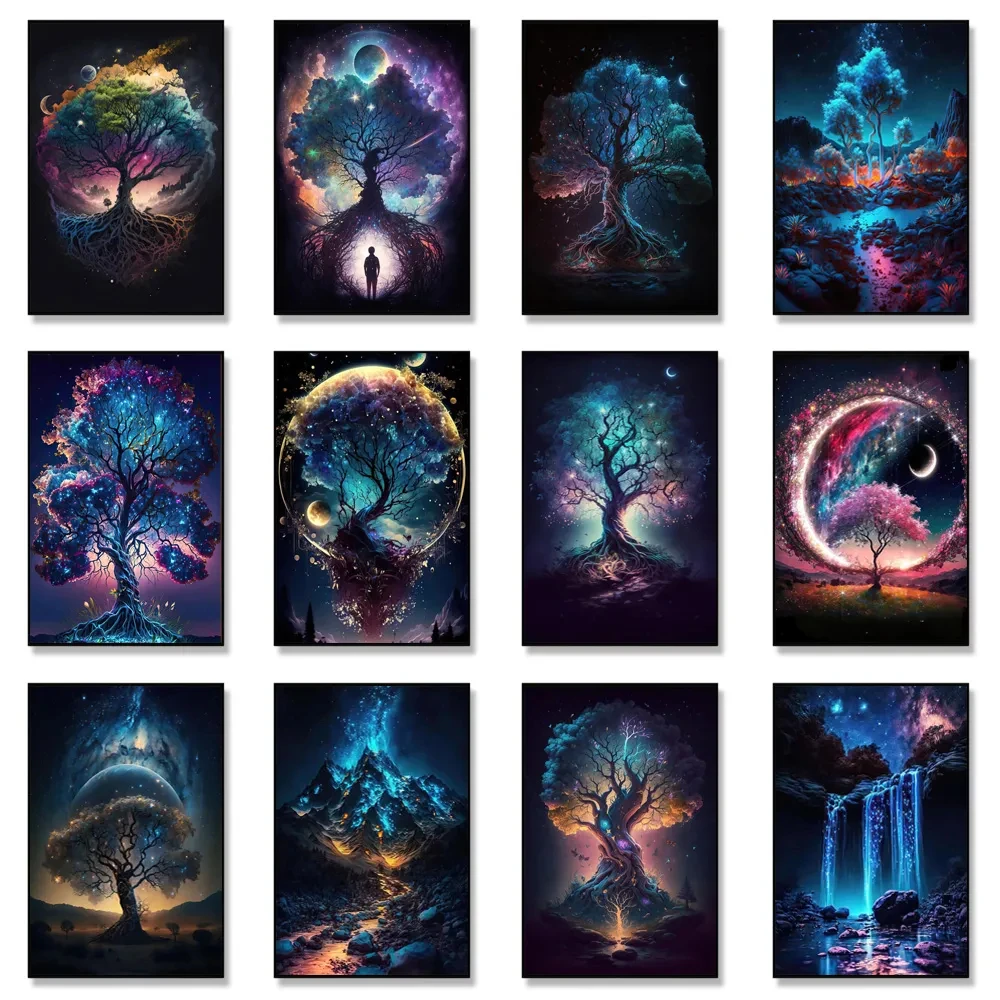 

Flashing Magic Life Tree Posters Printmaking Galaxy Aurora Plant Canvas Art Natural Beauty Home Decor Wall Living Room Painting