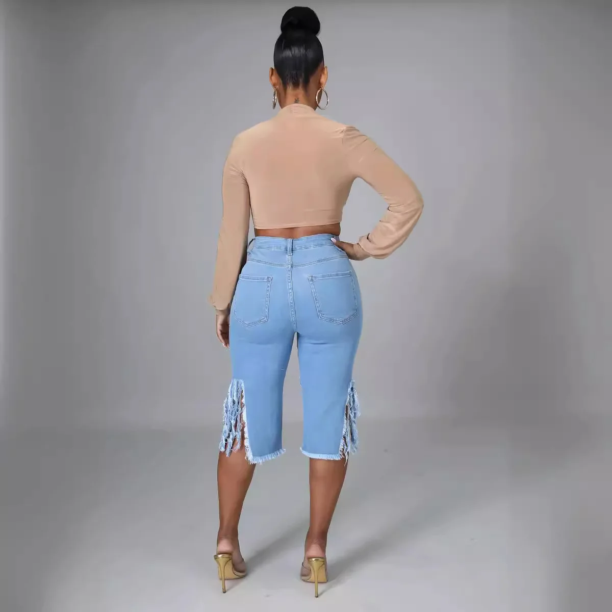 Calça jeans rasgada de cintura baixa feminina, calça jeans elástica, comprimento do joelho, calça buraco, moda sexy, rua alta, borla, 2021