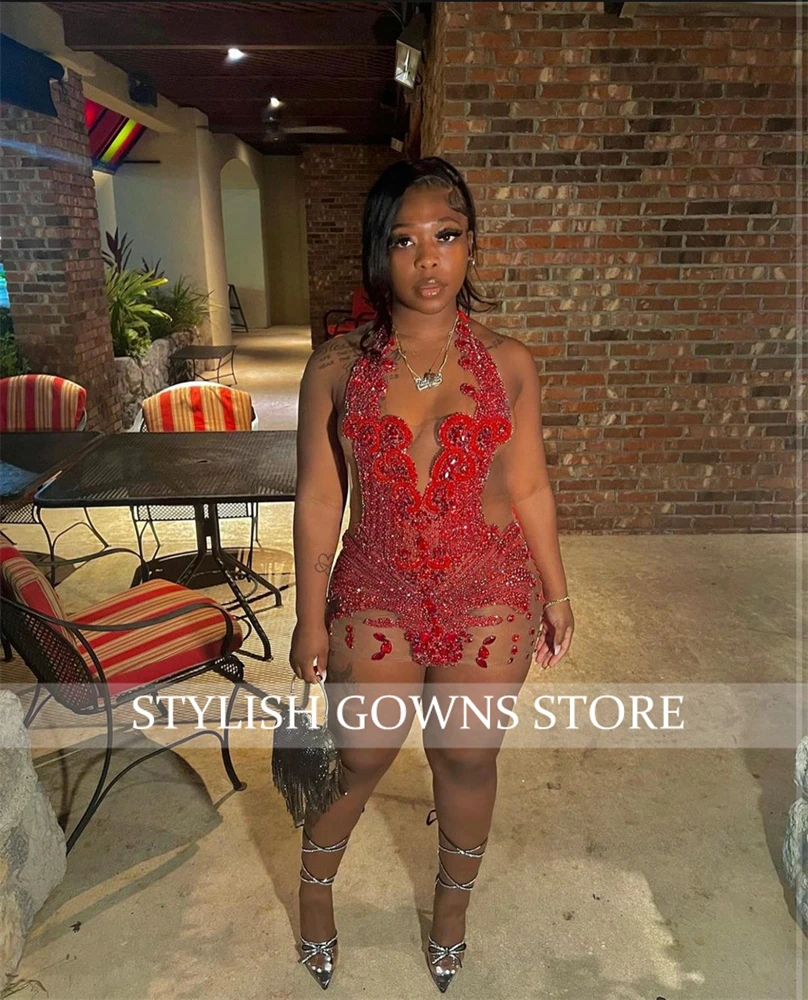 Red Handmade Beads Crystal Mini Cocktail Dress For Black Girl Mermaid Short Prom Dresses Birthday Gowns Customized