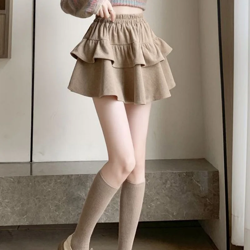 Kawaii Solid Color Sweet Autumn Winter Thin High Waist Ladies A-line Skirt Korean Patchwork 2023 New Fashion Women\'s Clothing