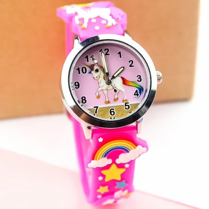 Reloj de pulsera de cuarzo para niños, niñas, niños, estudiantes, arcoíris, unicornio, dinosaurio, colorido, silicona, estrellas encantadoras, regalo de fiesta