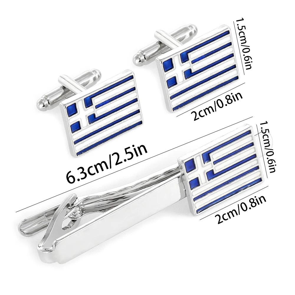 Classic Flag of Greece Cufflinks&Tie Clip Set