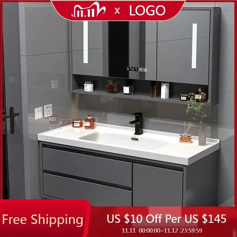 

Modern Bathroom Cabinet Ceramic Integrated Washbasin Vanity Combination Light Luxury storing mobile bagno Toilet Furniture