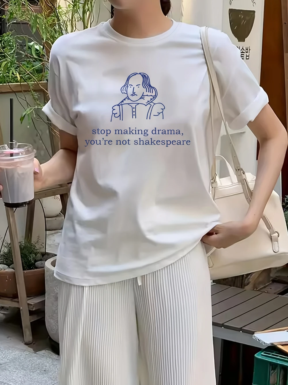 

Women's Funny Shakespearean Quotes T-shirt with "Stop the farce you're not Shakespeare" design Pure casual and comfortable