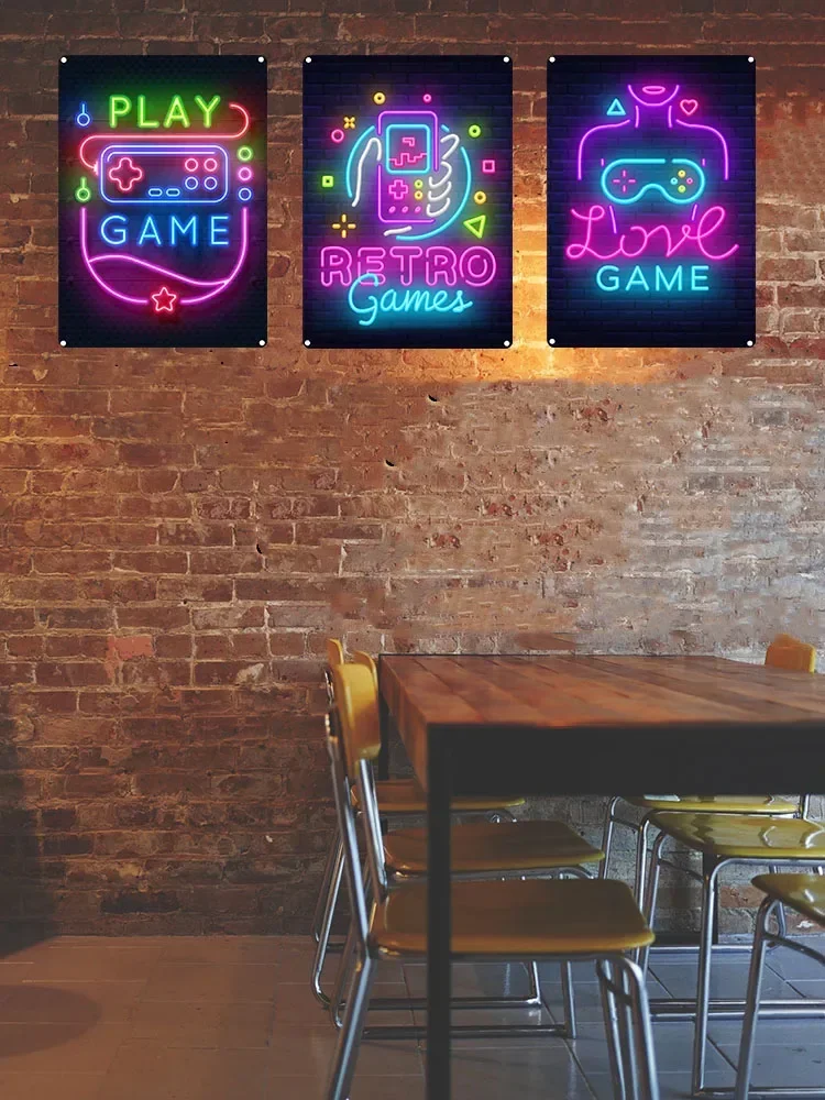 Video Game Metal Tin Sign Play and Win Neon Decorative Plaque Game Console Wall Sticker Modern Iron Plate Home Decor Gamer Room