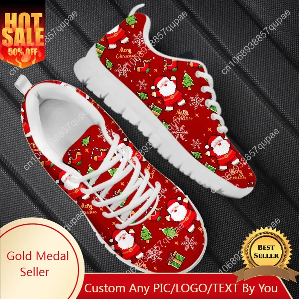 

Custom Made Wear-Resistant Casual Sneakers Santa Claus Snowflake Pattern Lace up Flat Shoes Women Mens Tennis Christmas Gifts