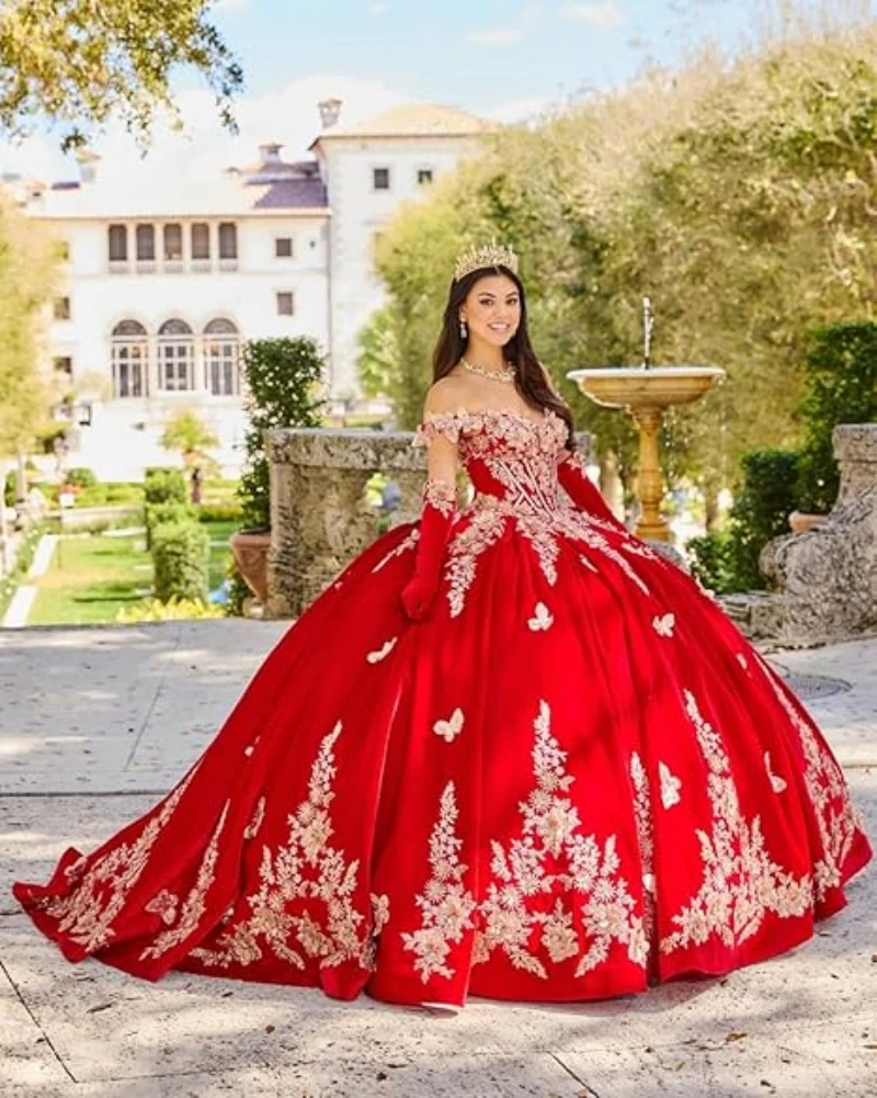 

Velvet Quinceanera Dresses with Gold 3D Floral Butterflies Lace Off The Shoulder Sweet 16 Prom Dresses