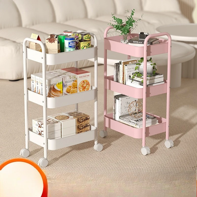 

Carbon Steel Movable Storage Trolley Double Handle Rolling Cart Multi-layer Snack Rack Floor-standing Organizer for Kitchen