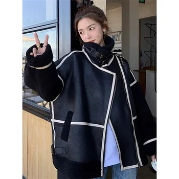 女性用ラムファーウール一体型コート,オートバイ用ショートジャケット,厚手のジッパー,長袖,ルーズでスプライス,韓国スタイル,冬,2022