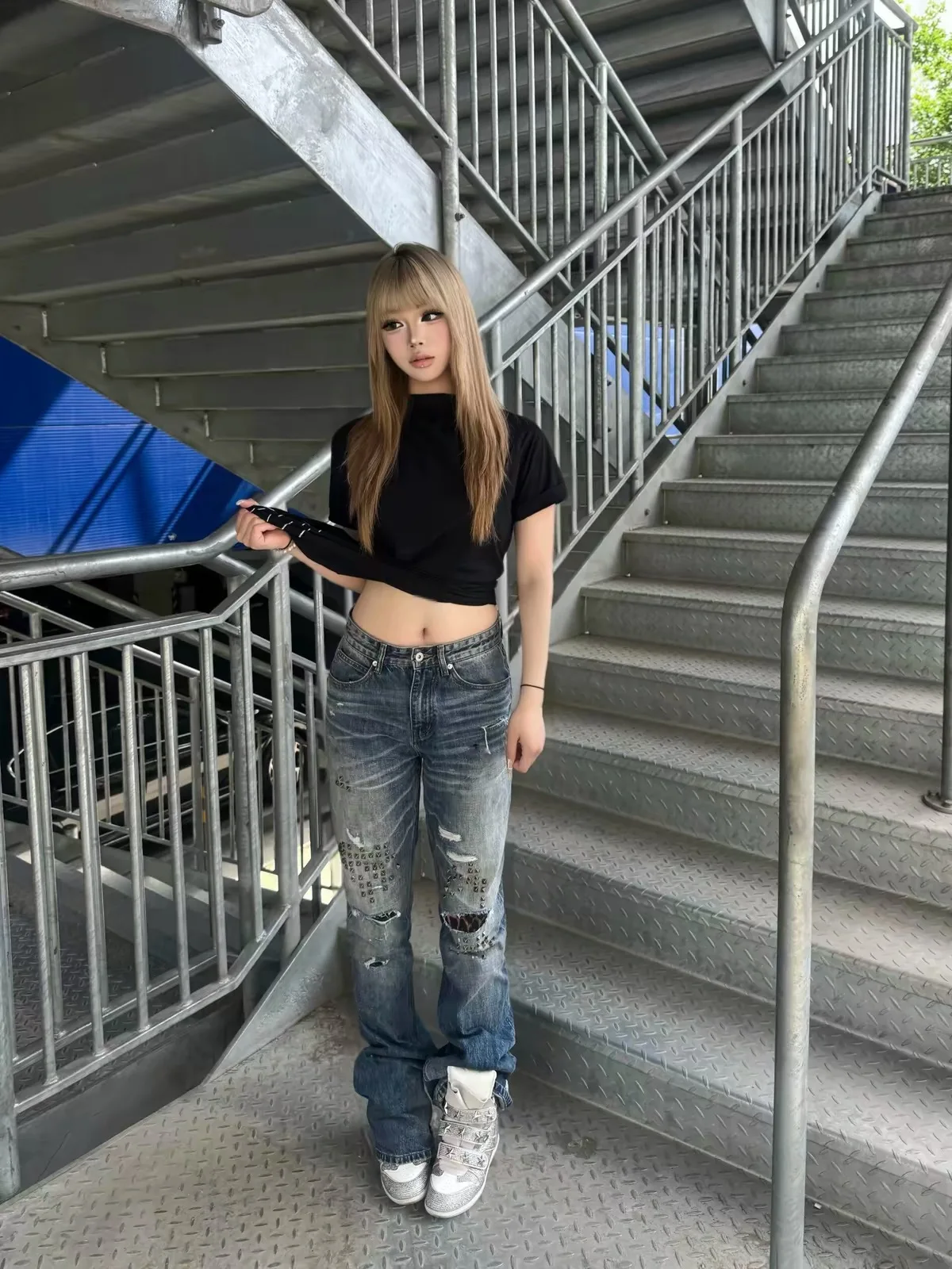 American Style Vintage High Waist Bell Bottom Jeans Women's Streetwear Hip Hop Hole Punching Draping Floor Length Pants