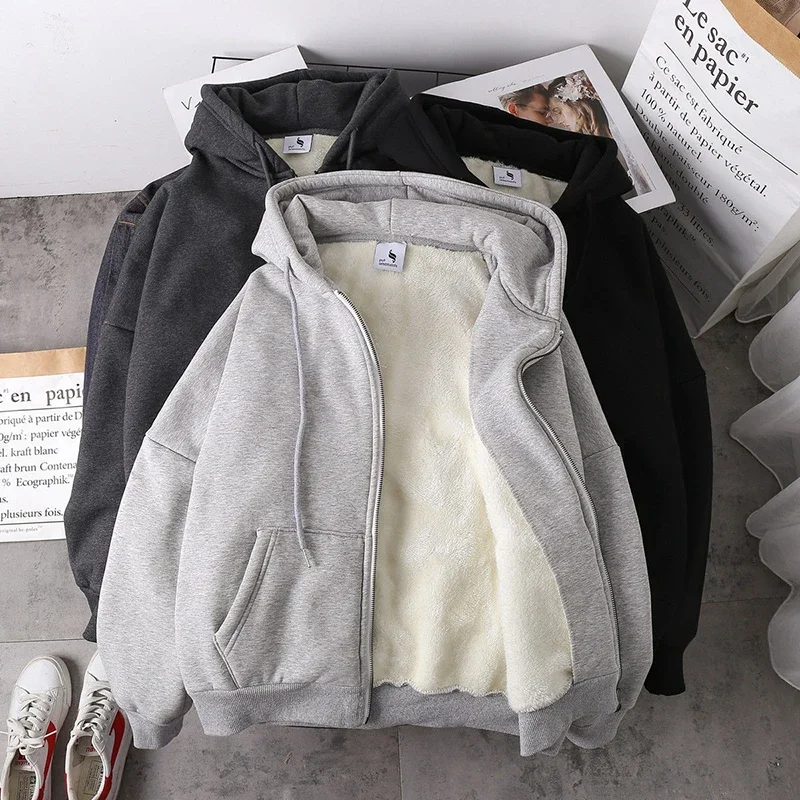 

Warm Jacket Women Solid Hoodies Coat Autumn Winter Lamb Wool Fleece Loose Plus Sizes Thick Zipper Female Sweatshirt Grey Black