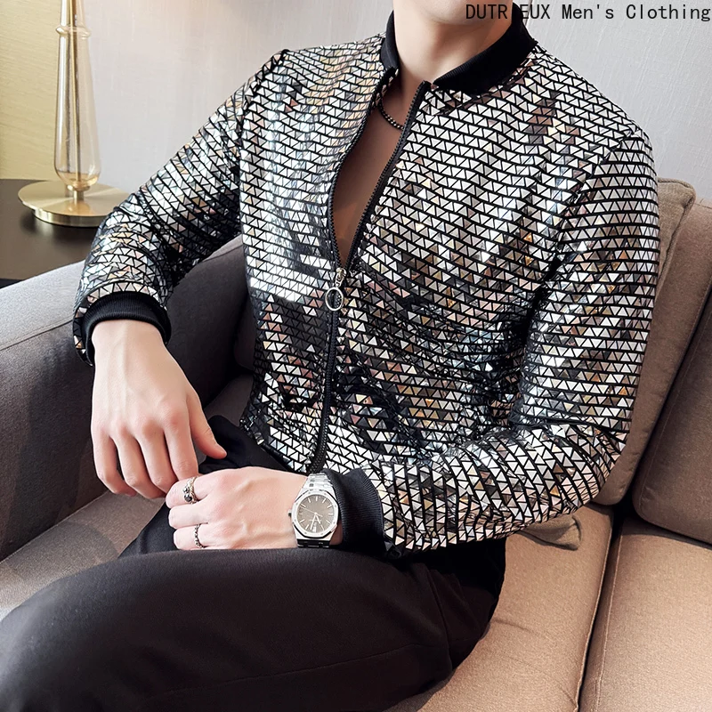 

Men's Glitter Sequin Bomber Coat, Trendy Geometric Print Stand Collar Jacket, Slim Fit Night Out Party Club Casual Outerwear