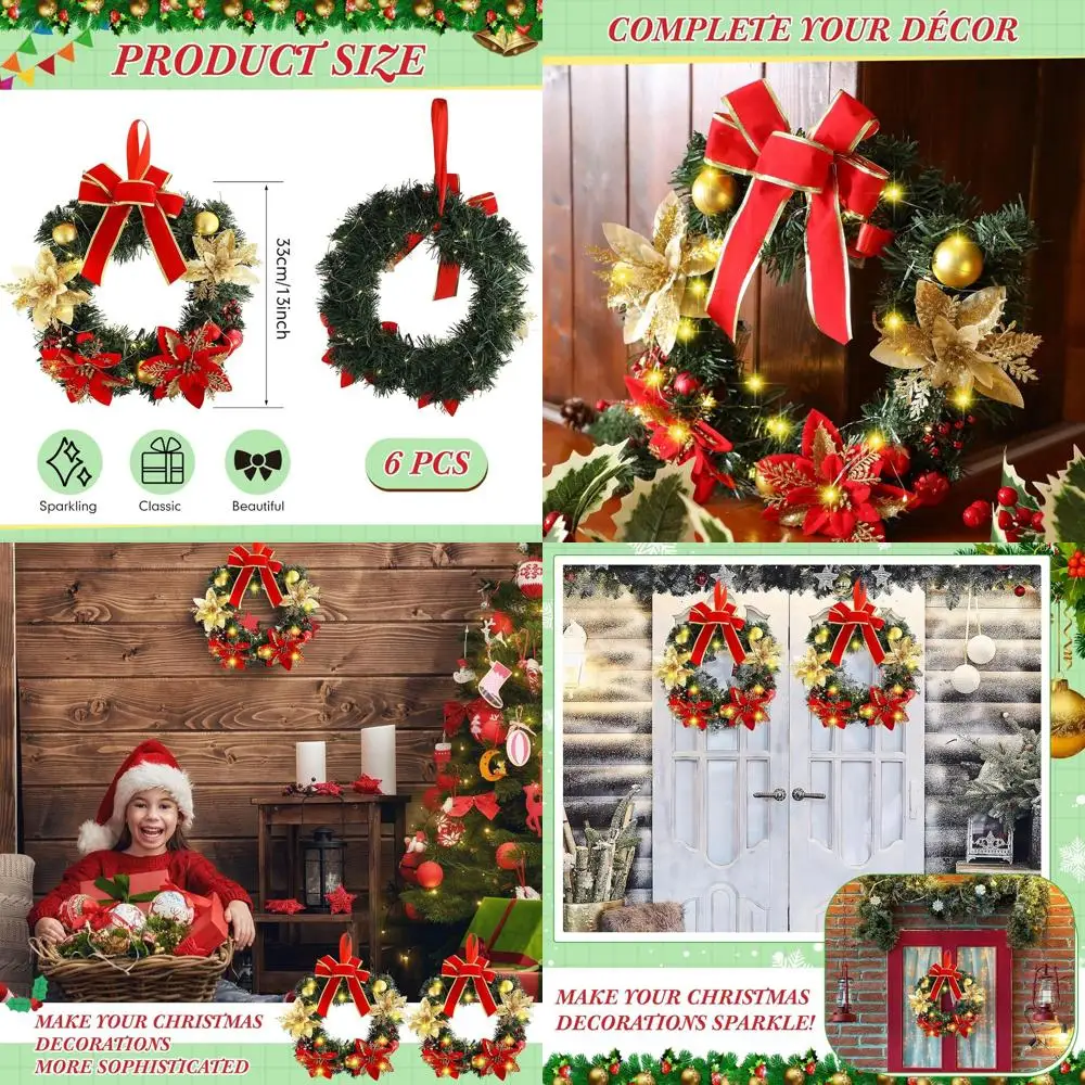 

13 рождественских венок с предварительной подсветкой на батарейках и красным бантом, 6 шт., для праздничного декора в помещении и на открытом воздухе