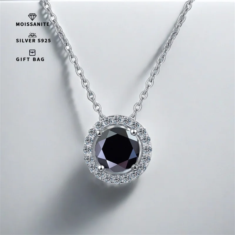 S925 silver plated platinum 0. 5ct/1ct/2CT Men's & Women's pendant inset round black GRA moissanite chain luxury jewelry gifts