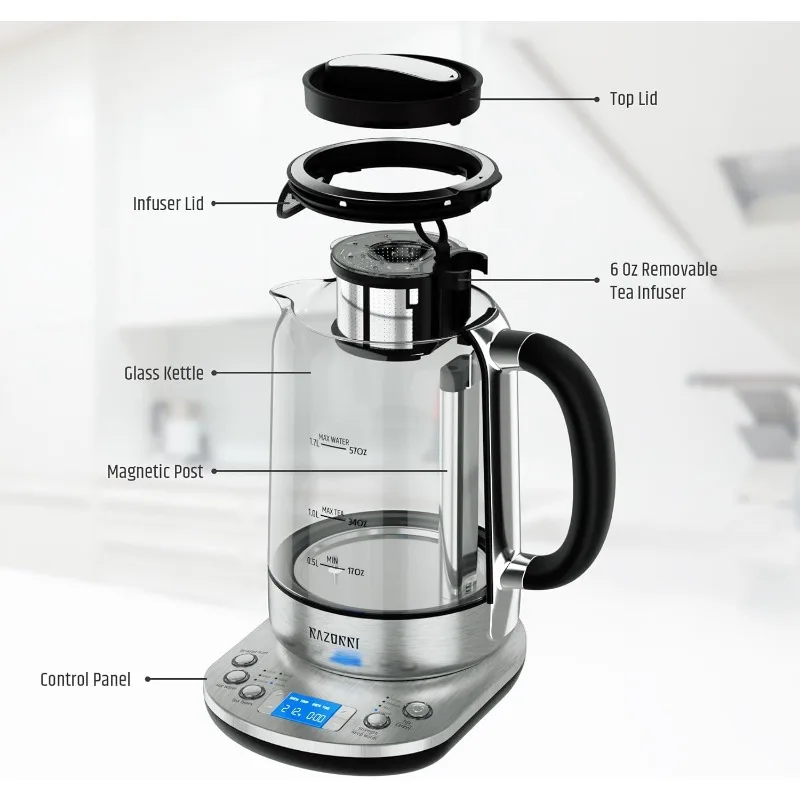 Razorri elektrische Tee maschine 1,7 l mit automatischem Aufguss zum Aufbrühen von Tee, Edelstahl glas kessel, Voreinstel lungen für 5 Teesorten