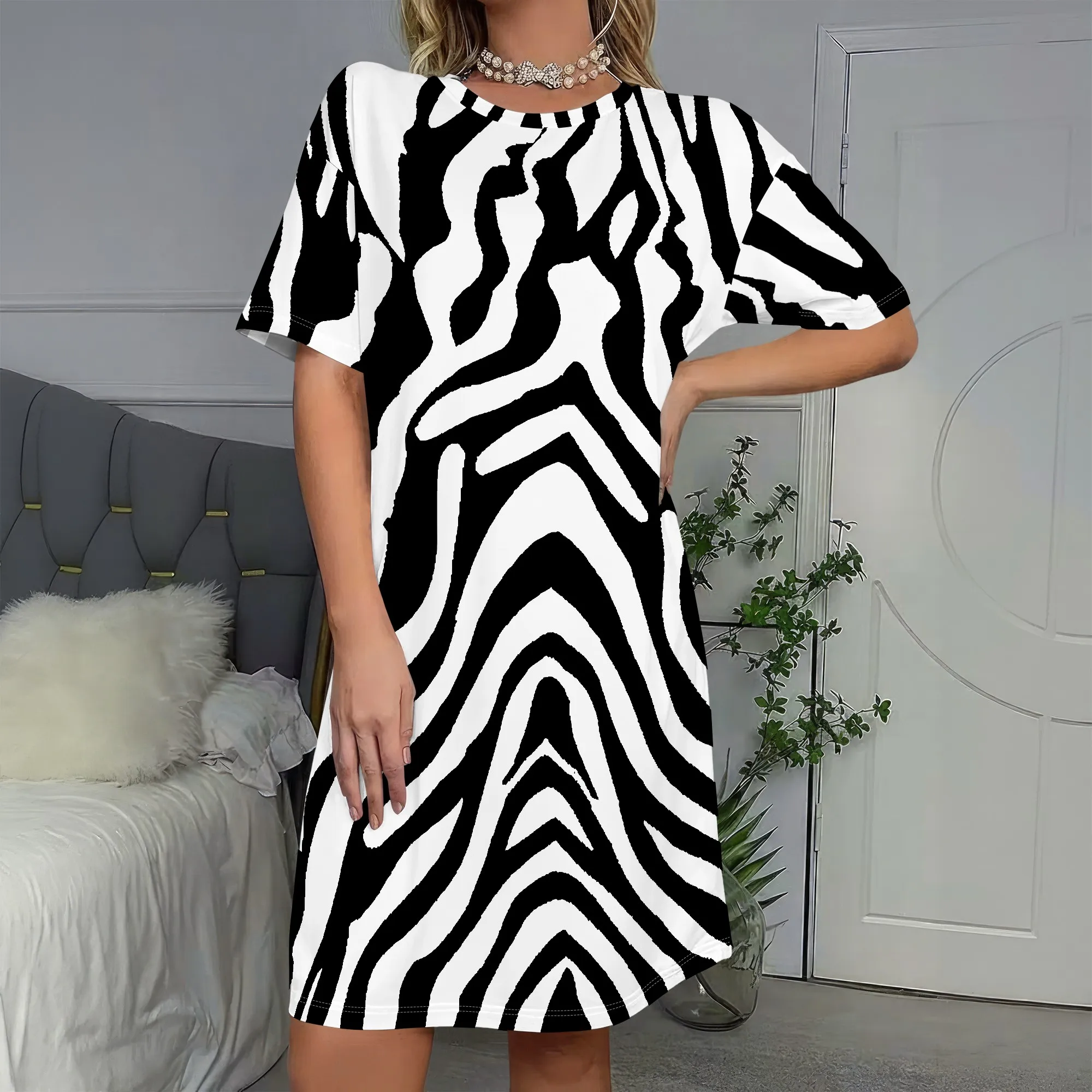 

Zebra Print, Short Sleeve Dress, Black White Stripes, Animal Pattern, Casual Summer Wear, Women's Fashion, S-2XL
