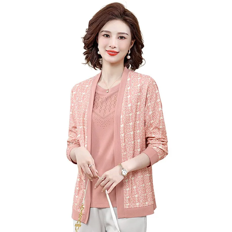 

Spring 2pcs Set Women's Clothing Middle-Aged Mother Fashion Print Oversized Loose Two Pieces Suit Knitted Cardigan Coat