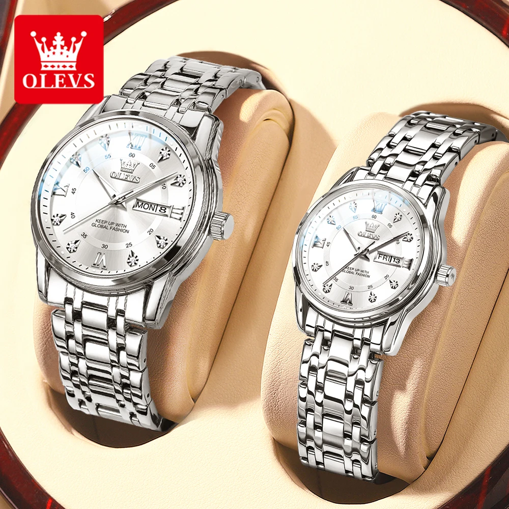 Olevs 5513 Fashion Couple Horloge Roestvrij Staal Waterdichte Dubbele Kalender Trendy Quartz Horloge Voor Mannen En Vrouwen Origineel Horloge