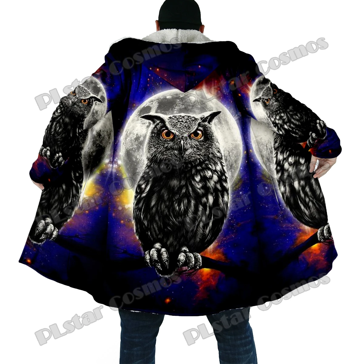 Winter Fashion Men's cloak Halloween Owl Moon Pattern 3D Printed Thick Fleece Hooded Cloak Unisex Casual Warm Cape Coat DP63