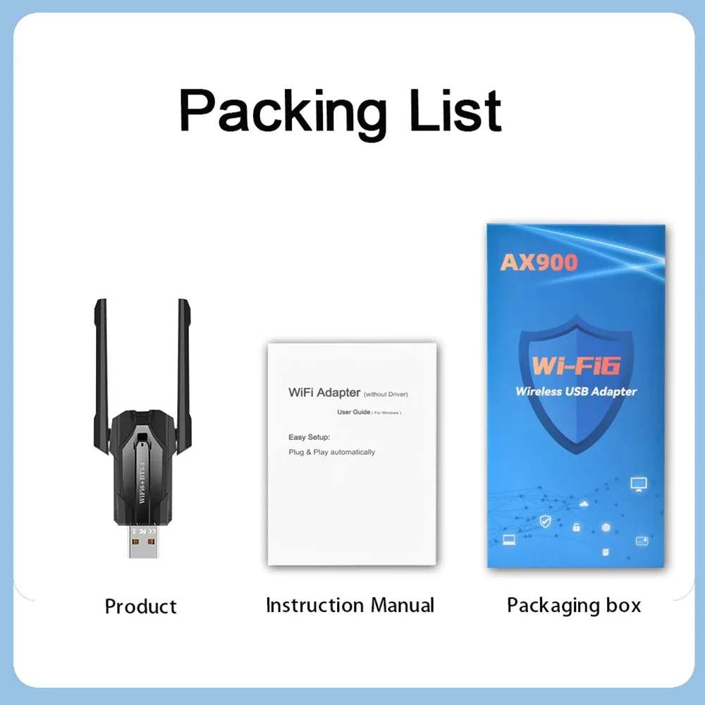 Adaptador WiFi 6 USB Bluetooth 5.4 para PC de escritorio - Adaptador de red inalámbrica AX900 con 2,4 GHz, 5 GHz, banda dual de alta ganancia 5dBi