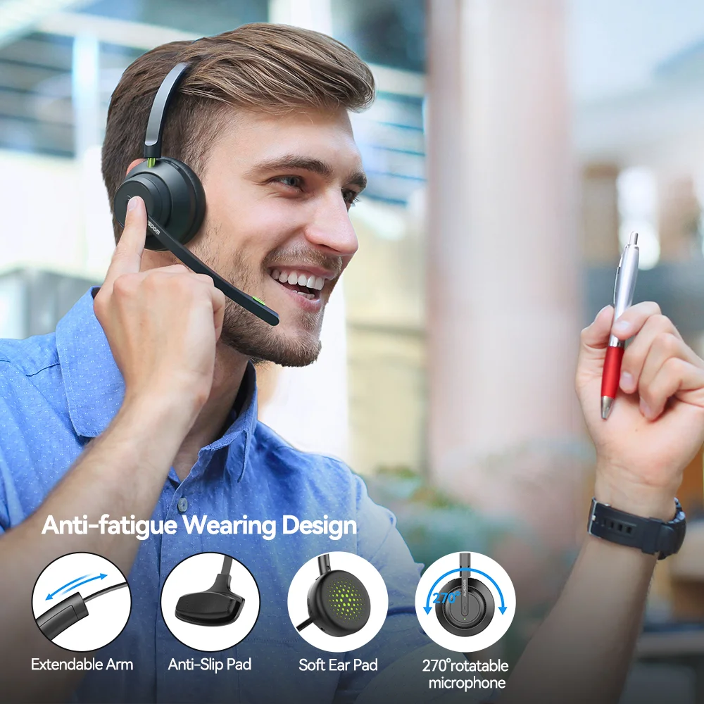 AUSDOM A2301 V5.1 Wireless Office Headset with Noise Reduction Microphones, Type-C Charge 32h Talktime Telephone Headset