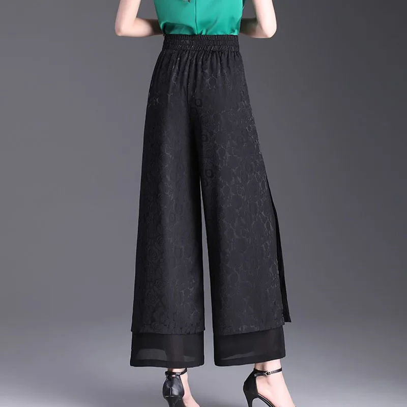 Chinese Split Pants Women's 2024 Summer New High Waist Dagging Loose High-End Jacquard Slimming Ice Silk Wide Leg Pants