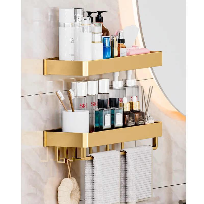 Golden Bathroom Shelf Wall Mounted Toilet Restroom Light Luxurious Organizer Wall-mounted No Punching Storage Racks With Rod