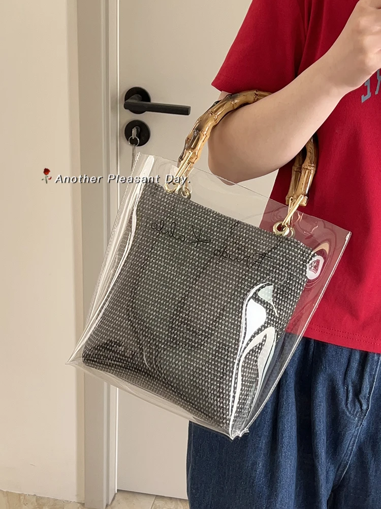 Transparent Handbag 2023 New Summer Sequin Design Bucket Bag Fashionable Single Shoulder Crossbody Bag Bamboo Handle