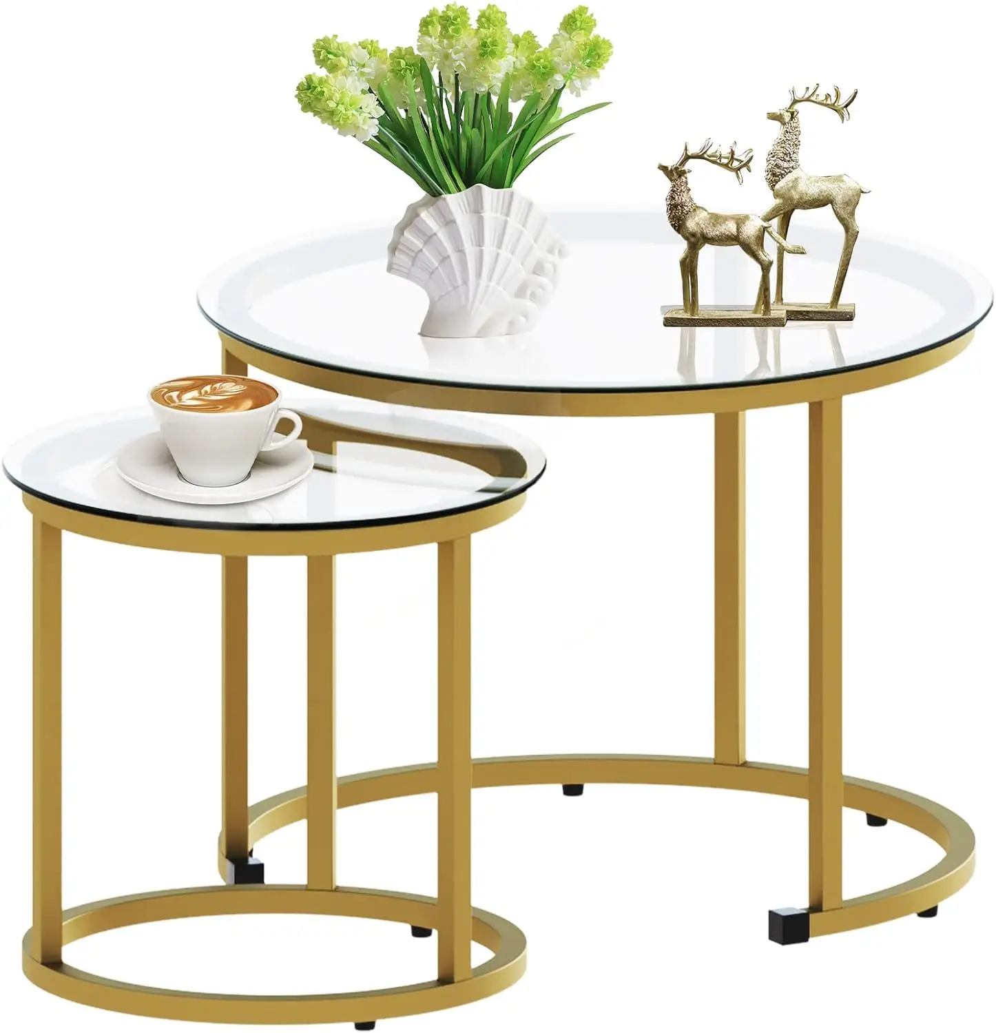 new Gold Nesting Coffee Table Set of 2, Small Glass Round Nesting Tables for Living Room Bedroom, Accent Tea Table