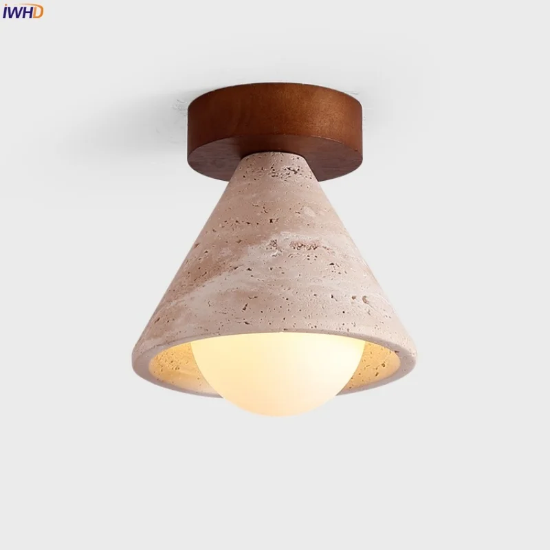

IWHD White Glass LED Ceiling Light For Kids Room Corridor Porch Yellow Travertine Vintage Wabi Sabi Ceiling Lamps Lampe Plafond