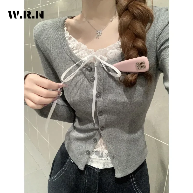 Koreaanse Zoete Casual Patchwork Kant Lange Mouw Ronde Hals T-shirts Dames Boog Fee Shoujo Stijl Single Breasted Tees Tops