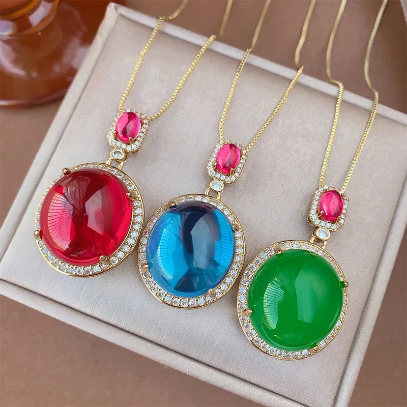 

S925 Luxur Green Red Gemstone Pendant Necklace with Pink Accent and Gold Plating for Elegant Women High Quality Jewelry Gift