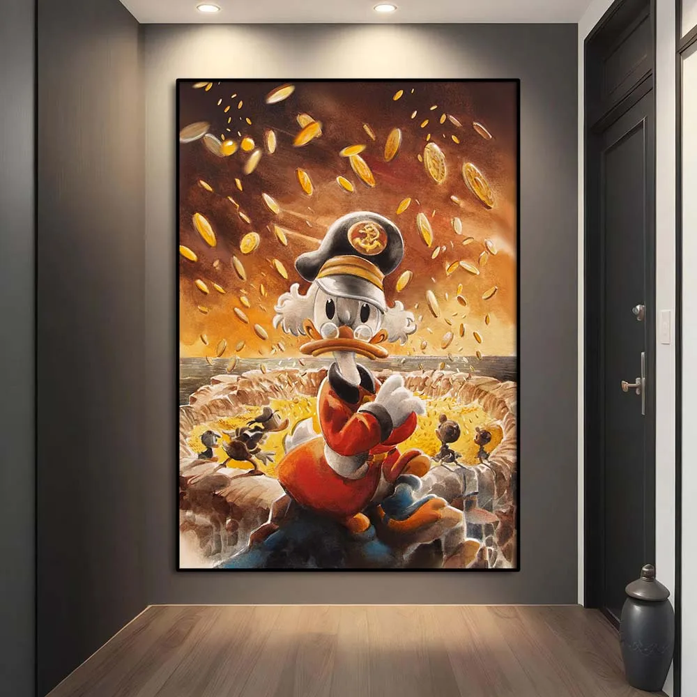 Scrooge McDuck Rain of Gold Coins Posters, Disney Wall Art Canvas Painting Print, Money Maker Millionaire Picture, Room Decor