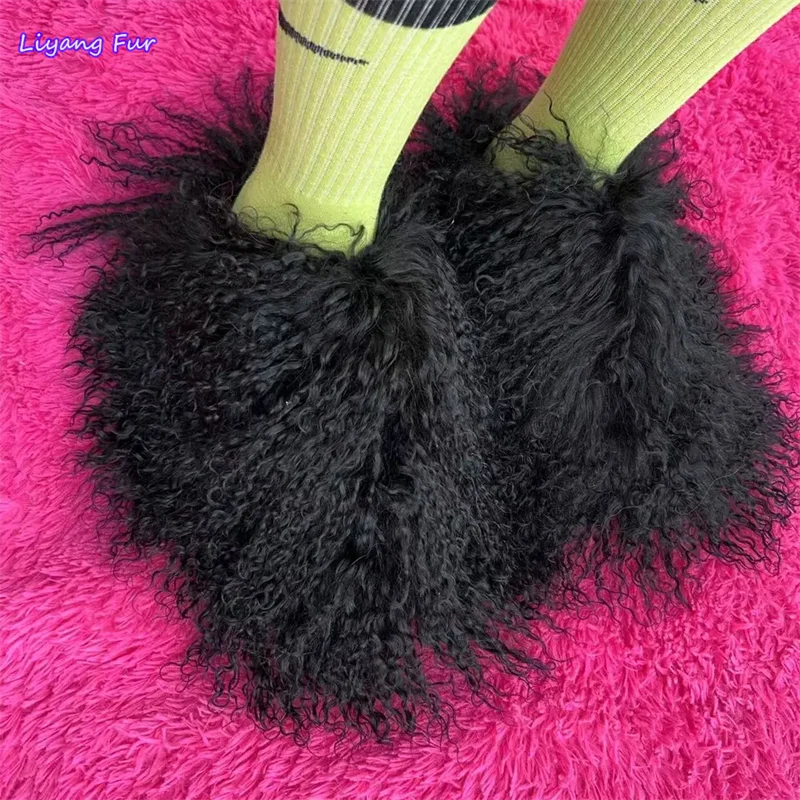 

New Designer Curly Long Hair Sheep Fur Slides Famous Brands Real Tibetan Sheep Fur Slippers