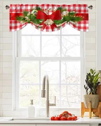 Christmas Red Plaid Bow Window Curtain Living Room Kitchen Cabinet Tie-up Valance Curtain Rod Pocket Valance