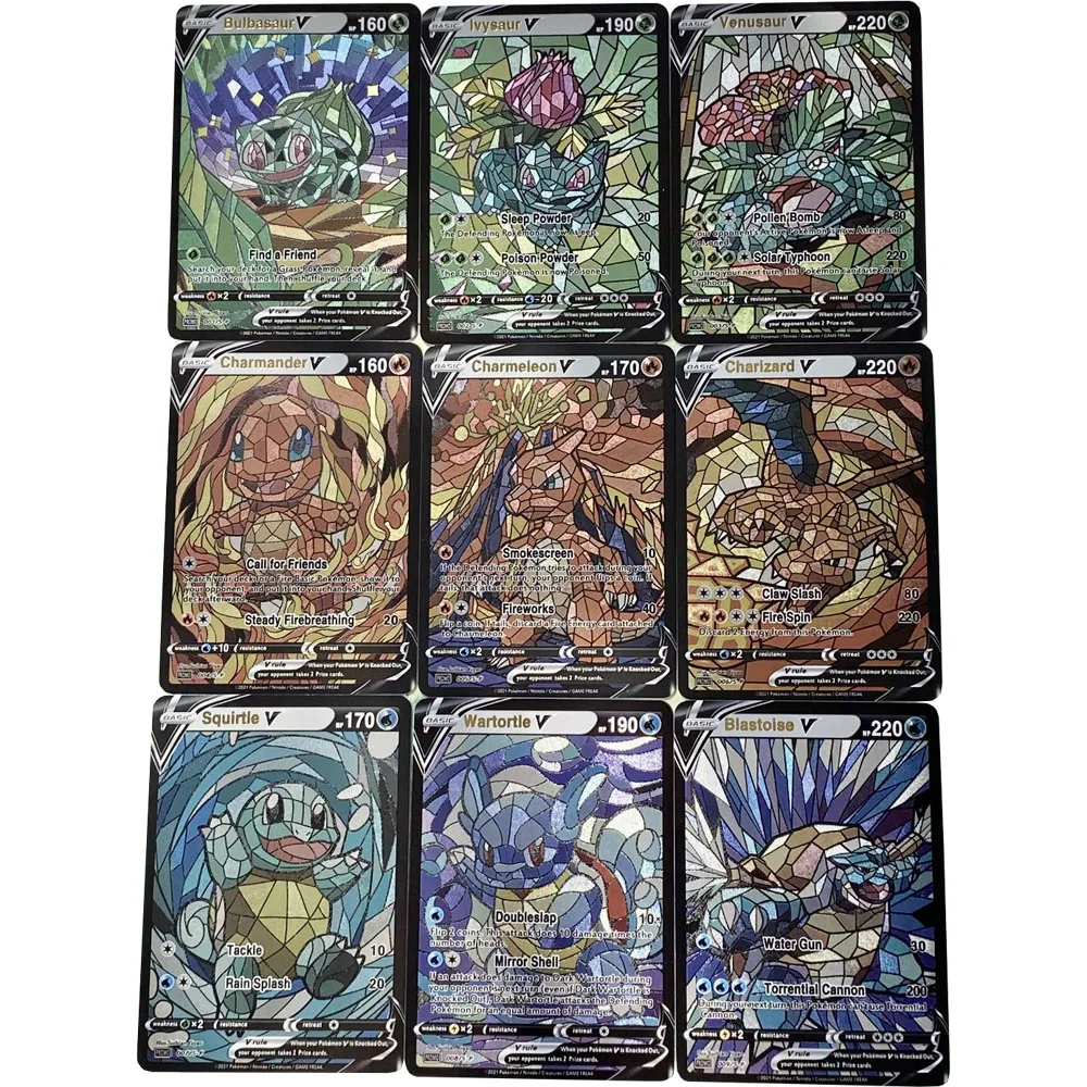 9Pcs/set PTCG Hot Stamping Coarse Flash Card Charizard Venusaur Blastoise DIY Game Anime Collection Card Gift Toys