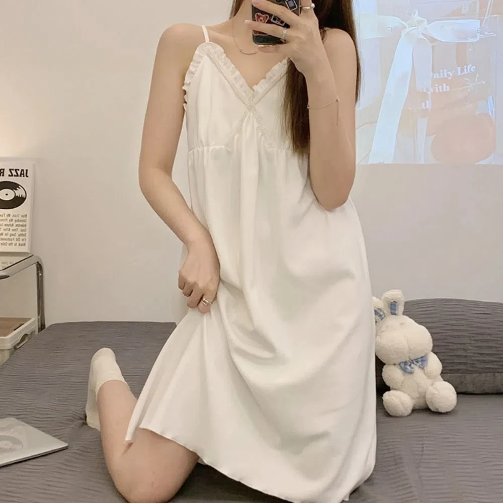 

Sweet Ruffle Women's Pajama Dress V-neck Loose Suspender Nightdress Sleepwear Sleeveless Sling Nightgown Girls