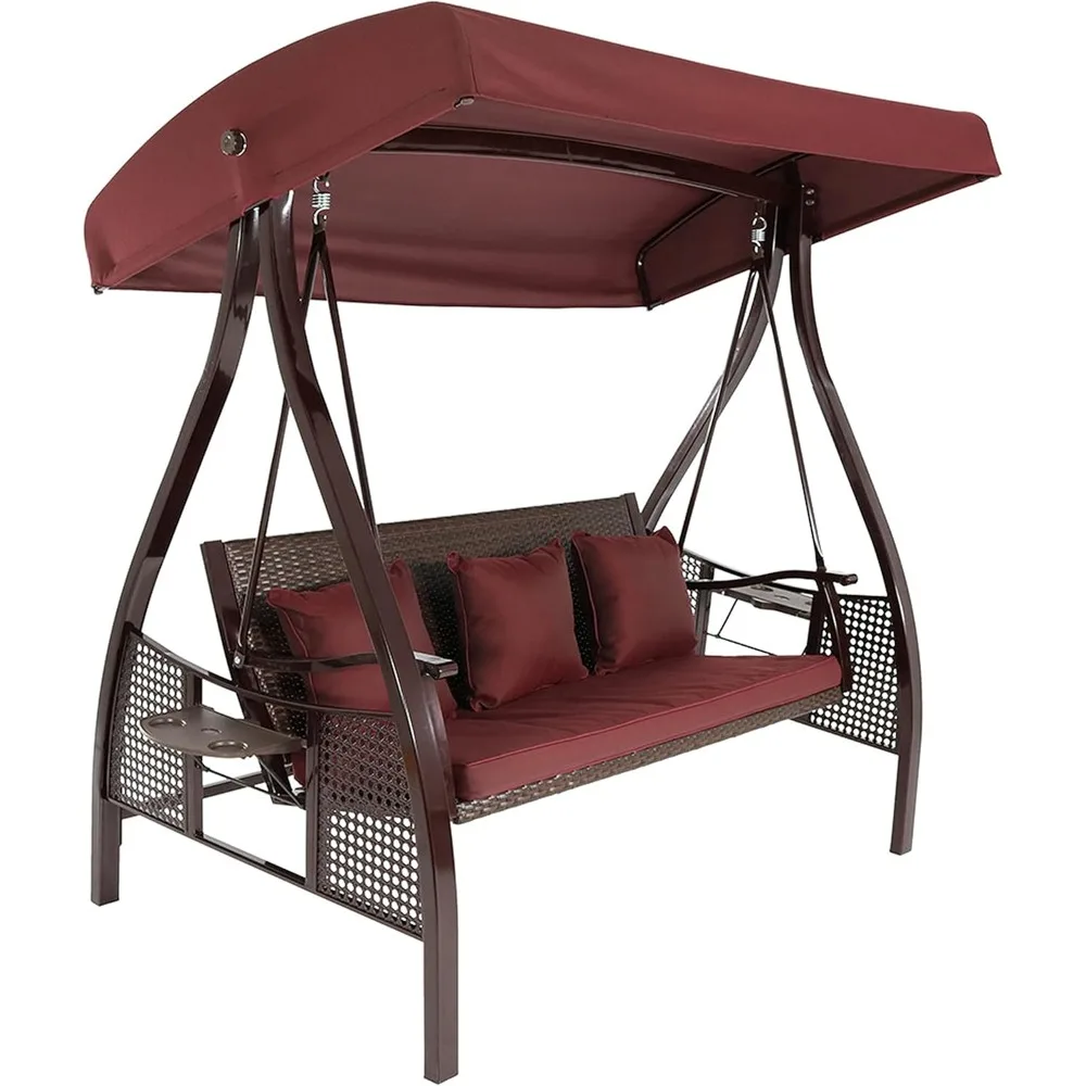 

3-Seat Deluxe Patio Swing with Steel Frame and Canopy - 600-Pound Weight Capacity - Maroon Cushions Included