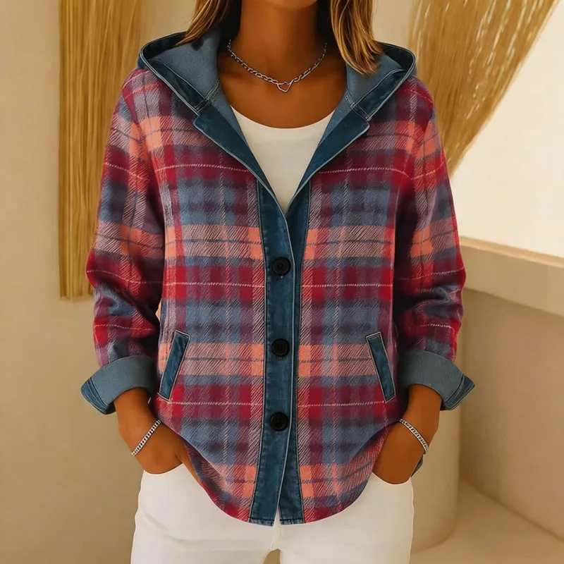 Y2K Clothes Hoodies New Plaid Print Hooded Sweatshirts Woman Retro Patchwork Button Top Cardigan Autumn Long Sleeve Coat Jackets