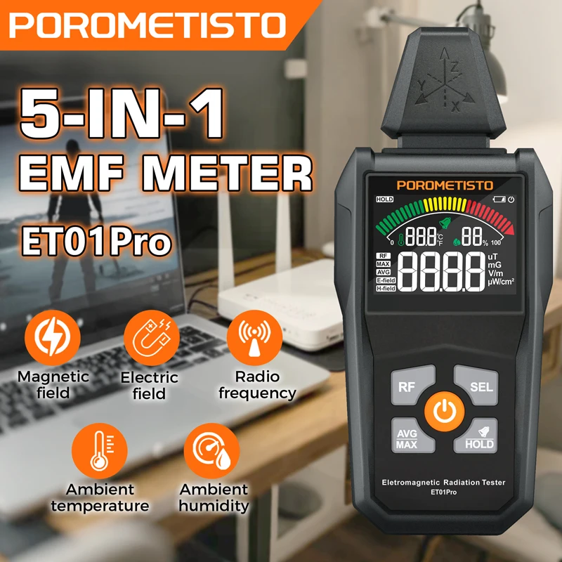 POROMETISTO ET01Pro Electromagnetic Radiation Tester 5 in 1 Rachargeable EMF Meter with LCD High Frequency 30MHz~8GHz Radiometer