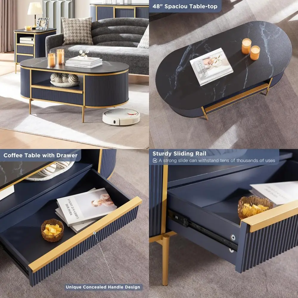 Elegant Oval Fluted Coffee Table, 48 with Drawer, Faux Marble Surface, Curved Edges, Gold Accents