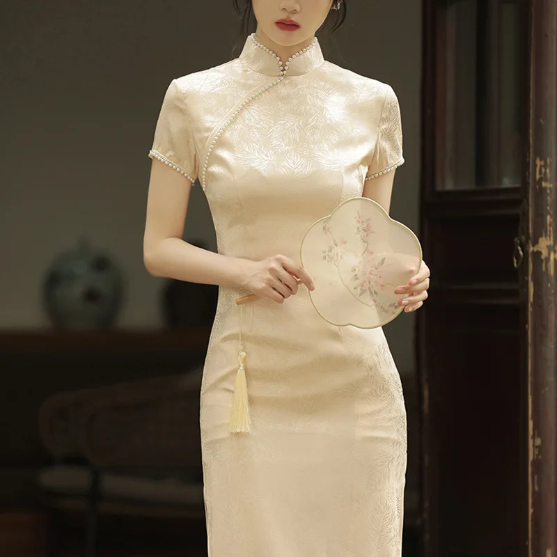 Summer Long Cheongsam Short Sleeve Dress Traditional Vintage Costumes Elegant Qipao Champagne S To XXL