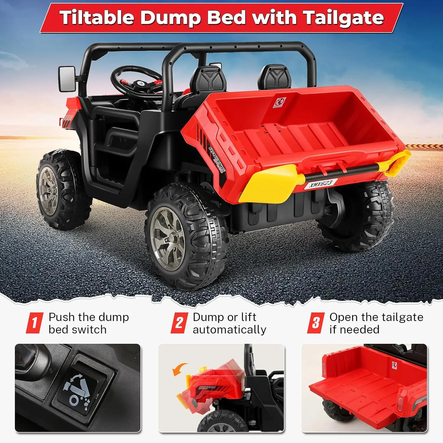 Ride on Car with Remote Control, Two Seater Ride On Dump Truck UTV with Dump Bed, Shovel, 2x200W Motor, 3 Speeds, Music, 24 Volt